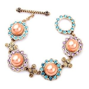 Vintage Toggle Pink Pearl Multi Coloured Crystal Flower Bracelet
